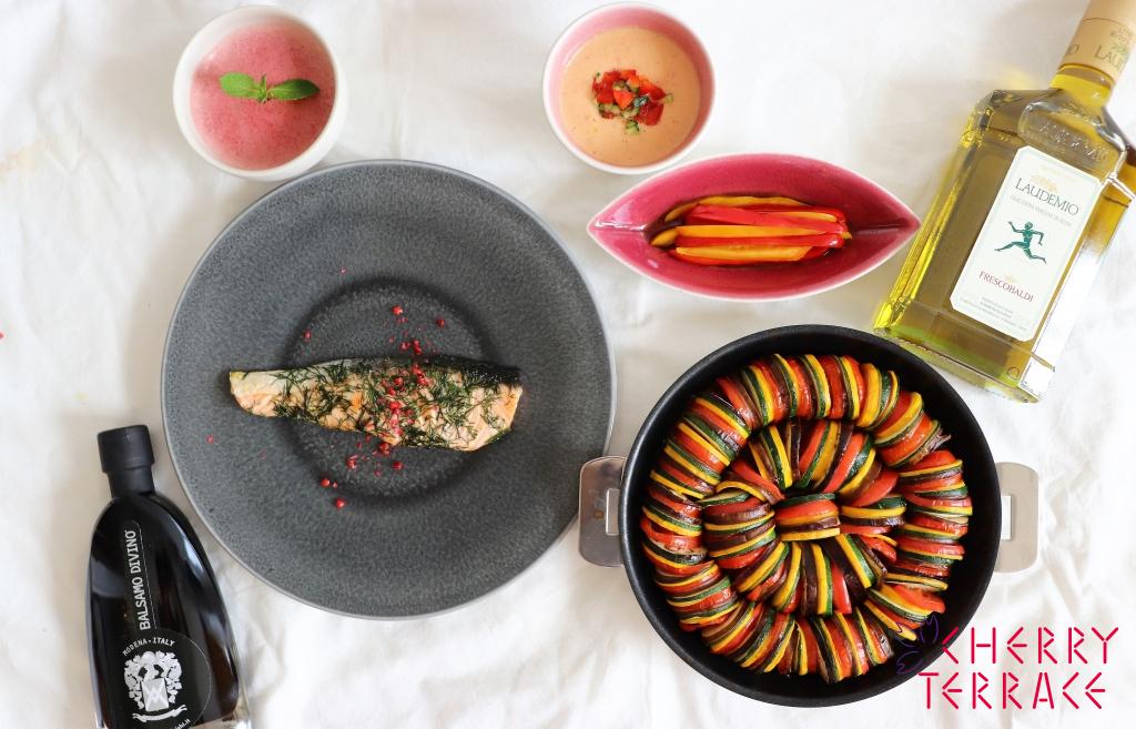 サーモンとディルのグリル パプリカのバルサミコマリネを添えて