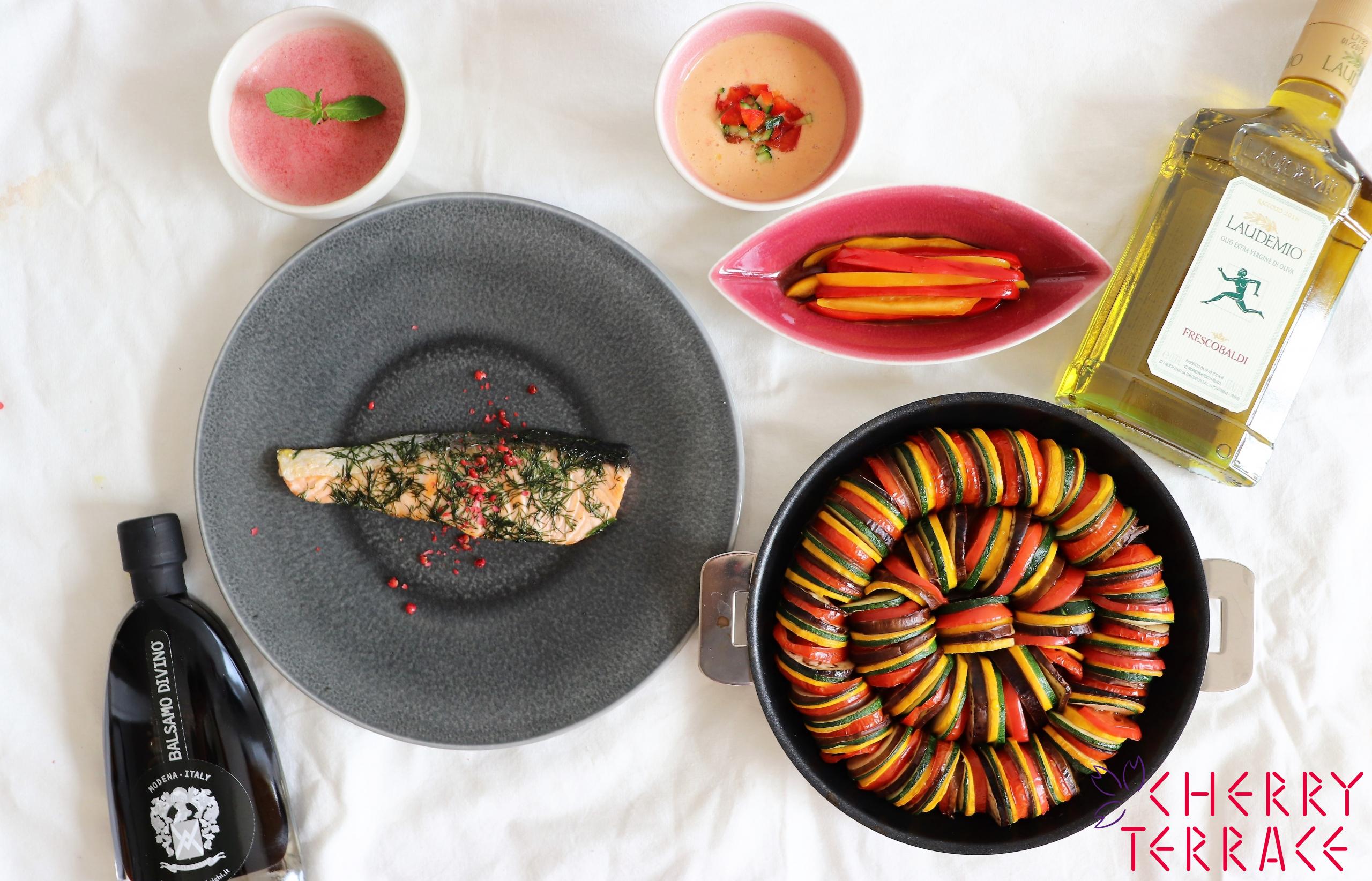 サーモンとディルのグリル パプリカのバルサミコマリネを添えて